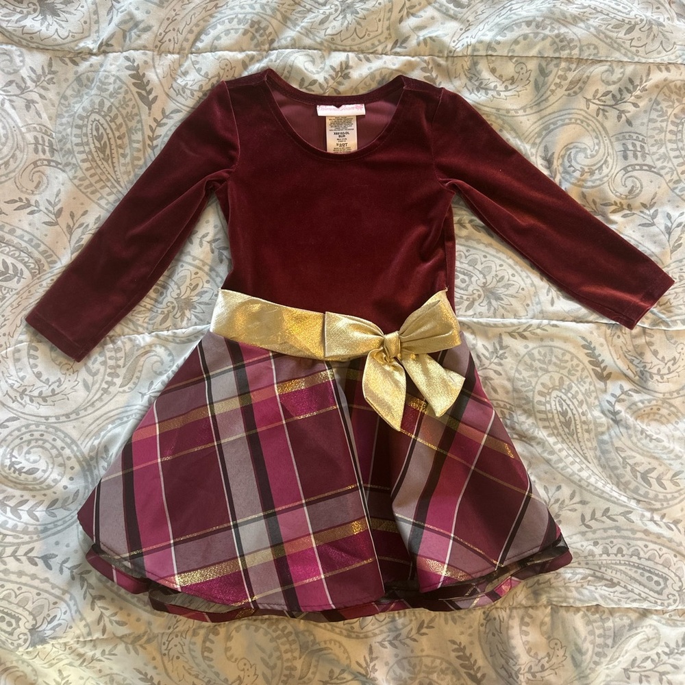 Toddler Girl Long Sleeve Burgundy Velvet & Plaid Christmas Dress Size 2T